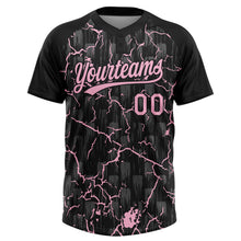 Загрузить изображение в средство просмотра галереи, Custom Black Light Pink-Gray Raglan Sleeves Neon Lightning Crackle Two-Button Unisex Softball Jersey
