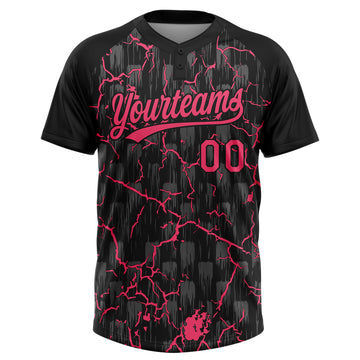 Custom Black Neon Pink-Gray Raglan Sleeves Neon Lightning Crackle Two-Button Unisex Softball Jersey