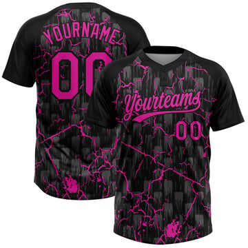 Custom Black Deep Pink-Gray Raglan Sleeves Neon Lightning Crackle Two-Button Unisex Softball Jersey