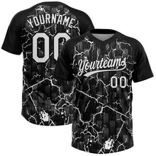 Charger l'image dans la galerie, Custom Black White-Gray Raglan Sleeves Neon Lightning Crackle Two-Button Unisex Softball Jersey

