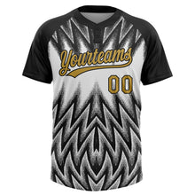 Charger l'image dans la galerie, Custom Black Old Gold-White Raglan Sleeves Abstract Geometric Chevron Zigzag Two-Button Unisex Softball Jersey
