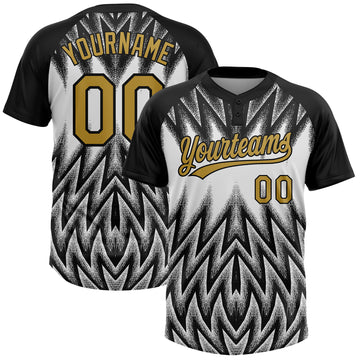Custom Black Old Gold-White Raglan Sleeves Abstract Geometric Chevron Zigzag Two-Button Unisex Softball Jersey