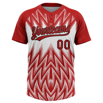 Custom Red White-Black Raglan Sleeves Abstract Geometric Chevron Zigzag Two-Button Unisex Softball Jersey