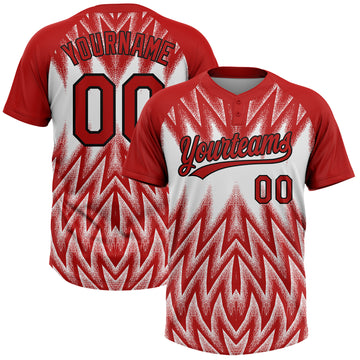 Custom Red White-Black Raglan Sleeves Abstract Geometric Chevron Zigzag Two-Button Unisex Softball Jersey