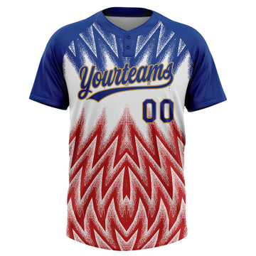Custom Royal White Red-Old Gold Raglan Sleeves Abstract Geometric Chevron Zigzag Two-Button Unisex Softball Jersey