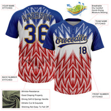 Загрузить изображение в средство просмотра галереи, Custom Royal White Red-Old Gold Raglan Sleeves Abstract Geometric Chevron Zigzag Two-Button Unisex Softball Jersey
