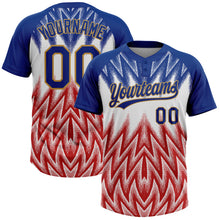 Загрузить изображение в средство просмотра галереи, Custom Royal White Red-Old Gold Raglan Sleeves Abstract Geometric Chevron Zigzag Two-Button Unisex Softball Jersey
