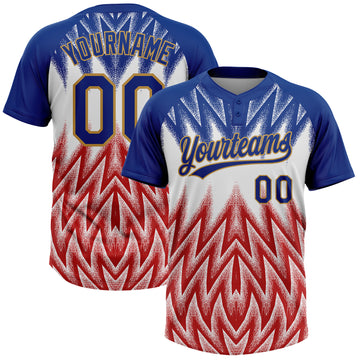 Custom Royal White Red-Old Gold Raglan Sleeves Abstract Geometric Chevron Zigzag Two-Button Unisex Softball Jersey