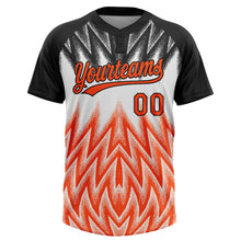 Charger l'image dans la galerie, Custom Black Orange-White Raglan Sleeves Abstract Geometric Chevron Zigzag Two-Button Unisex Softball Jersey
