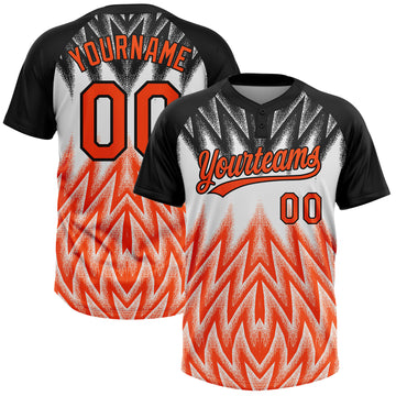 Custom Black Orange-White Raglan Sleeves Abstract Geometric Chevron Zigzag Two-Button Unisex Softball Jersey