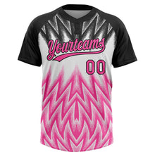 Charger l'image dans la galerie, Custom Black Pink-White Raglan Sleeves Abstract Geometric Chevron Zigzag Two-Button Unisex Softball Jersey
