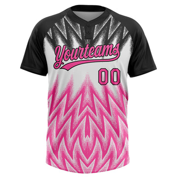 Custom Black Pink-White Raglan Sleeves Abstract Geometric Chevron Zigzag Two-Button Unisex Softball Jersey