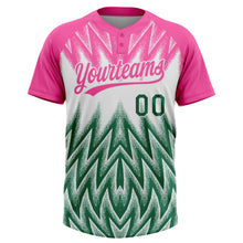 Загрузить изображение в средство просмотра галереи, Custom Pink Kelly Green-White Raglan Sleeves Abstract Geometric Chevron Zigzag Two-Button Unisex Softball Jersey

