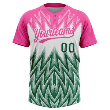 Custom Pink Kelly Green-White Raglan Sleeves Abstract Geometric Chevron Zigzag Two-Button Unisex Softball Jersey
