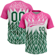 Загрузить изображение в средство просмотра галереи, Custom Pink Kelly Green-White Raglan Sleeves Abstract Geometric Chevron Zigzag Two-Button Unisex Softball Jersey
