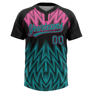 Custom Black Teal-Pink Raglan Sleeves Abstract Geometric Chevron Zigzag Two-Button Unisex Softball Jersey