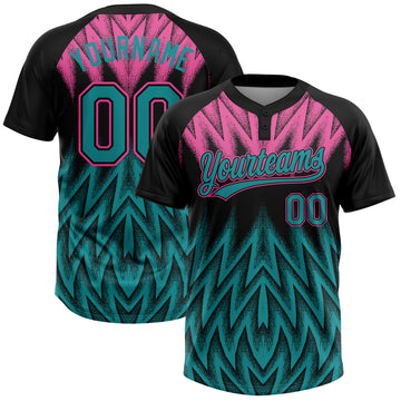 Custom Black Teal-Pink Raglan Sleeves Abstract Geometric Chevron Zigzag Two-Button Unisex Softball Jersey