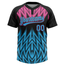 Загрузить изображение в средство просмотра галереи, Custom Black Sky Blue-Pink Raglan Sleeves Abstract Geometric Chevron Zigzag Two-Button Unisex Softball Jersey
