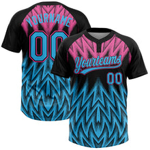 Загрузить изображение в средство просмотра галереи, Custom Black Sky Blue-Pink Raglan Sleeves Abstract Geometric Chevron Zigzag Two-Button Unisex Softball Jersey
