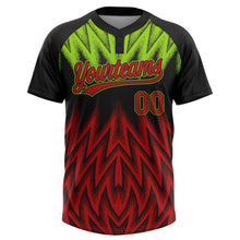 Загрузить изображение в средство просмотра галереи, Custom Black Red-Neon Green Raglan Sleeves Abstract Geometric Chevron Zigzag Two-Button Unisex Softball Jersey
