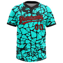 Load image into Gallery viewer, Custom Aqua Red-Black Abstract Network Crackle 3D Pattern Two-Button Unisex Softball Jersey
