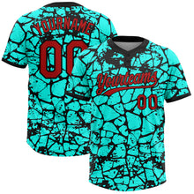 Load image into Gallery viewer, Custom Aqua Red-Black Abstract Network Crackle 3D Pattern Two-Button Unisex Softball Jersey
