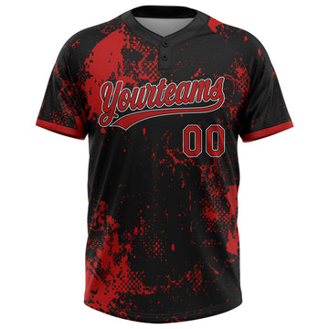 Custom Black Red-White Abstract Splatter 3D Pattern Two-Button Unisex Softball Jersey