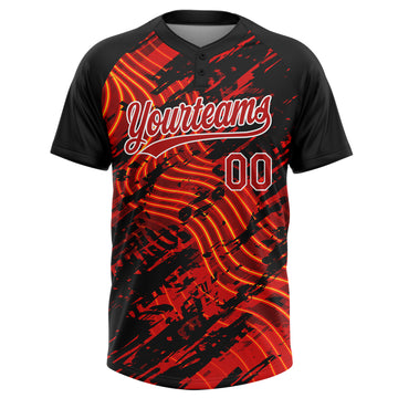 Custom Black Red-White Abstract Grunge Splatter Wave 3D Pattern Two-Button Unisex Softball Jersey