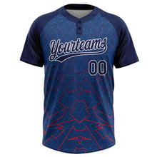 Load image into Gallery viewer, Custom Navy Electric Blue-White Geometric Pixel Grid 3D Pattern Two-Button Unisex Softball Jersey

