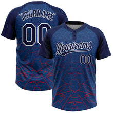 Load image into Gallery viewer, Custom Navy Electric Blue-White Geometric Pixel Grid 3D Pattern Two-Button Unisex Softball Jersey
