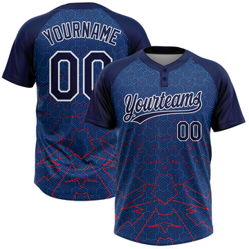 Custom Navy Electric Blue-White Geometric Pixel Grid 3D Pattern Two-Button Unisex Softball Jersey