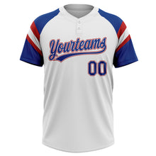 Charger l'image dans la galerie, Custom White Royal-Red Raglan Sleeves Stripes Two-Button Unisex Softball Jersey
