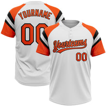 Load image into Gallery viewer, Custom White Orange-Black Raglan Sleeves Stripes Two-Button Unisex Softball Jersey
