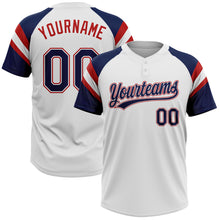 Load image into Gallery viewer, Custom White Navy-Red Raglan Sleeves Stripes Two-Button Unisex Softball Jersey
