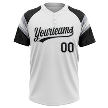 Load image into Gallery viewer, Custom White Black-Gray Raglan Sleeves Stripes Two-Button Unisex Softball Jersey
