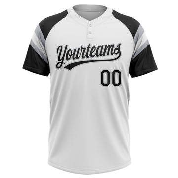 Custom White Black-Gray Raglan Sleeves Stripes Two-Button Unisex Softball Jersey