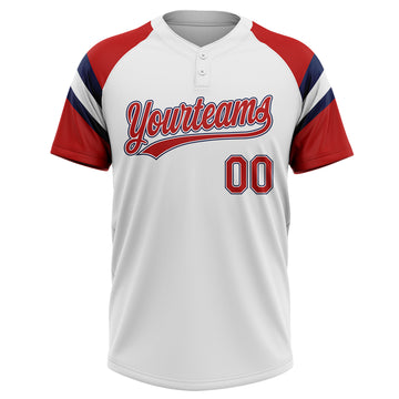 Custom White Red-Navy Raglan Sleeves Stripes Two-Button Unisex Softball Jersey