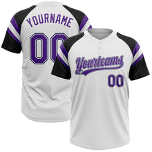 Laden Sie das Bild in den Galerie-Viewer, Custom White Purple-Black Raglan Sleeves Stripes Two-Button Unisex Softball Jersey
