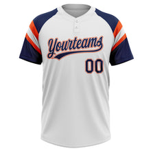 Load image into Gallery viewer, Custom White Navy-Orange Raglan Sleeves Stripes Two-Button Unisex Softball Jersey
