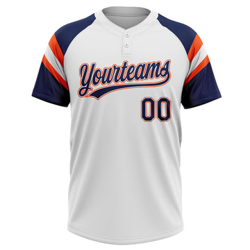 Custom White Navy-Orange Raglan Sleeves Stripes Two-Button Unisex Softball Jersey