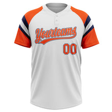 Load image into Gallery viewer, Custom White Orange-Navy Raglan Sleeves Stripes Two-Button Unisex Softball Jersey
