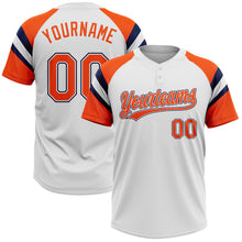 Load image into Gallery viewer, Custom White Orange-Navy Raglan Sleeves Stripes Two-Button Unisex Softball Jersey
