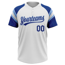Laden Sie das Bild in den Galerie-Viewer, Custom White Royal-Light Blue Raglan Sleeves Stripes Two-Button Unisex Softball Jersey
