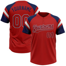 Charger l'image dans la galerie, Custom Red Navy-White Raglan Sleeves Stripes Two-Button Unisex Softball Jersey
