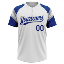 Загрузить изображение в средство просмотра галереи, Custom White Royal-Gray Raglan Sleeves Stripes Two-Button Unisex Softball Jersey

