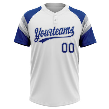 Custom White Royal-Gray Raglan Sleeves Stripes Two-Button Unisex Softball Jersey