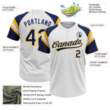 Laden Sie das Bild in den Galerie-Viewer, Custom White Navy-Gold Raglan Sleeves Stripes Two-Button Unisex Softball Jersey
