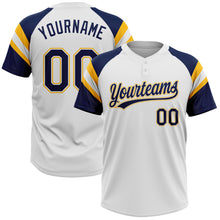 Laden Sie das Bild in den Galerie-Viewer, Custom White Navy-Gold Raglan Sleeves Stripes Two-Button Unisex Softball Jersey
