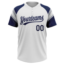 Load image into Gallery viewer, Custom White Navy-Gray Raglan Sleeves Stripes Two-Button Unisex Softball Jersey
