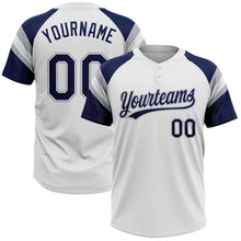 Load image into Gallery viewer, Custom White Navy-Gray Raglan Sleeves Stripes Two-Button Unisex Softball Jersey
